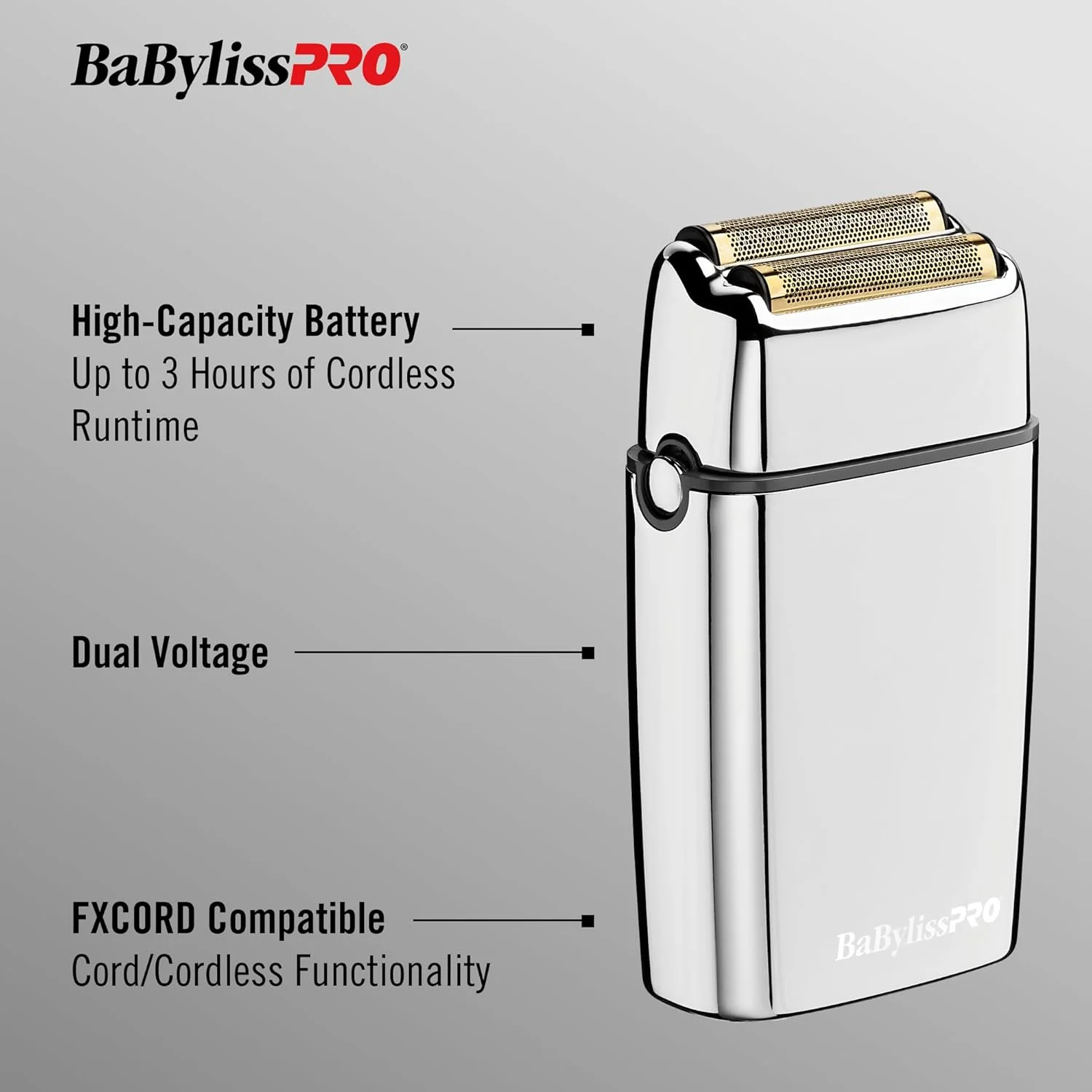 BaBylissPRO Foil FX02 Cordless Chrome Metal Double Foil Shaver (FXFS2) - Image 4