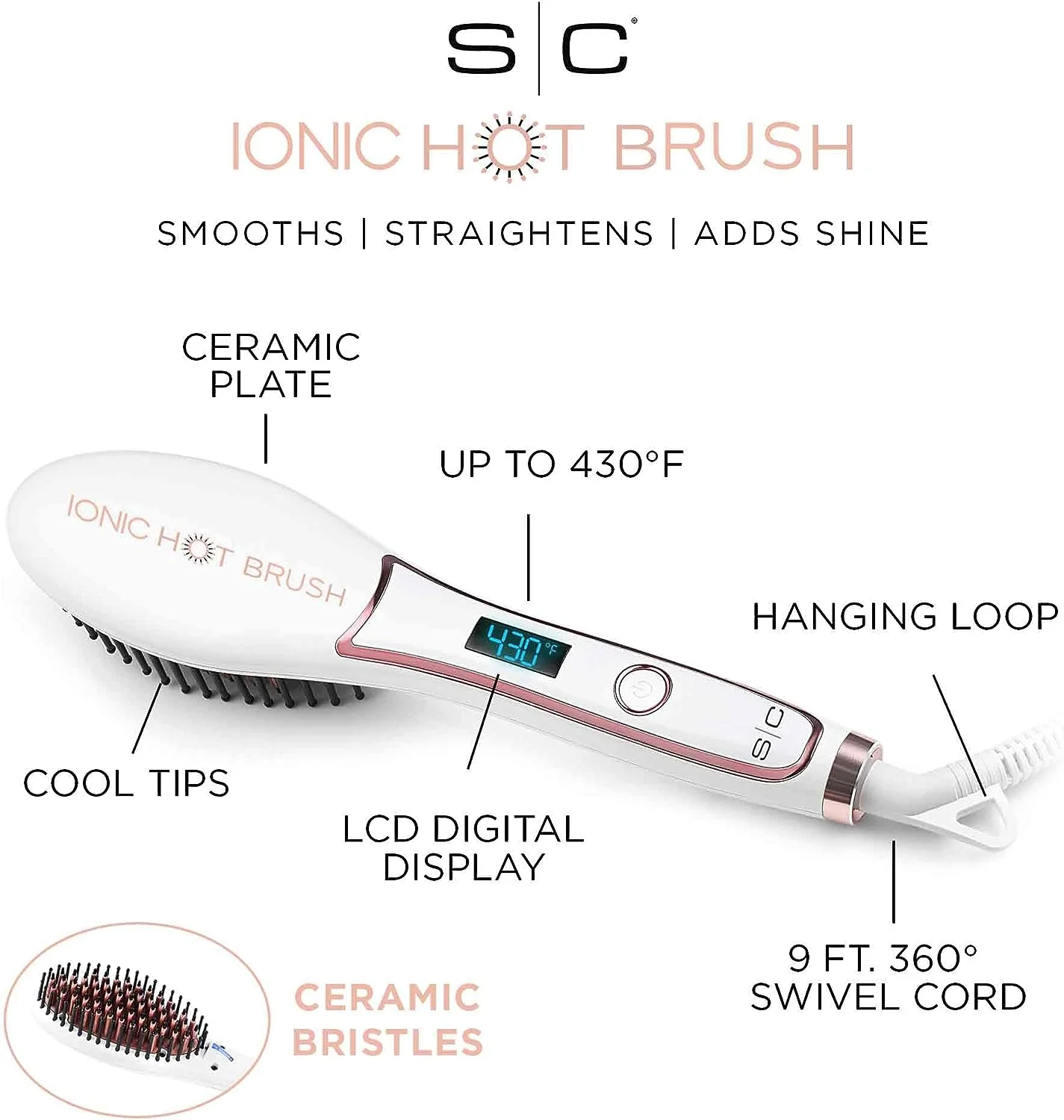 StyleCraft Ionic Straightening Hot Brush w/ Cool Tips & LED Display (SC705W) - Image 7